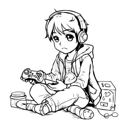 Illustration for Boy playing video games. Black and white vector illustration for coloring book. - Royalty Free Image