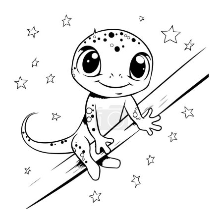 Ilustración de Lindo geco de dibujos animados sentado en una espada. Ilustración vectorial. - Imagen libre de derechos