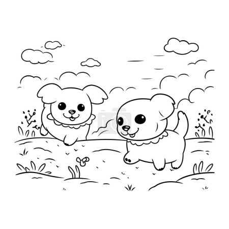 Téléchargez les illustrations : Mignon petit chien et chiot jouant dans le champ vectoriel illustration design - en licence libre de droit