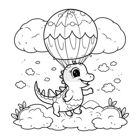 Illustration for Cute dinosaur flying on hot air balloon in the clouds. coloring page - Royalty Free Image