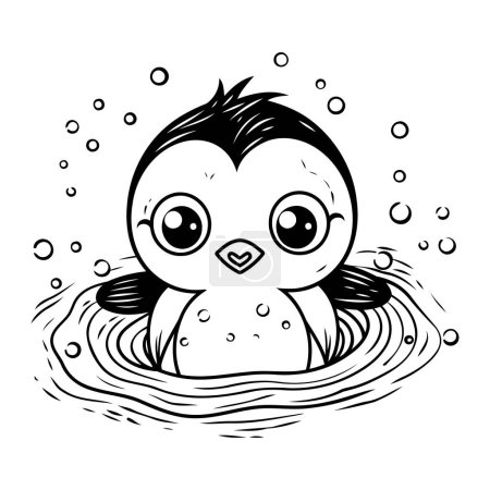 Ilustración de Lindo pingüino en el agua. Ilustración vectorial en blanco y negro. - Imagen libre de derechos