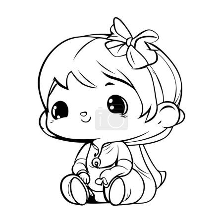 Illustration for Cute little girl   black and white vector illustration for coloring book - Royalty Free Image