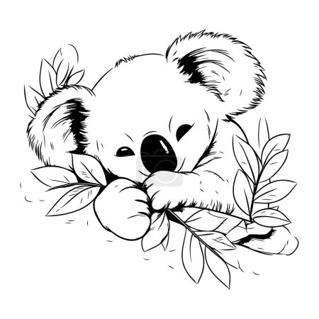 Téléchargez les illustrations : Mignon koala avec des feuilles. Illustration vectorielle en noir et blanc. - en licence libre de droit