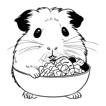 Téléchargez les illustrations : Avec un bol de nourriture. Illustration vectorielle noir et blanc. - en licence libre de droit