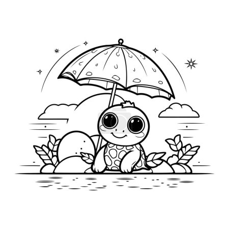Illustration for Cute turtle with umbrella on the beach. Vector illustration for coloring book. - Royalty Free Image
