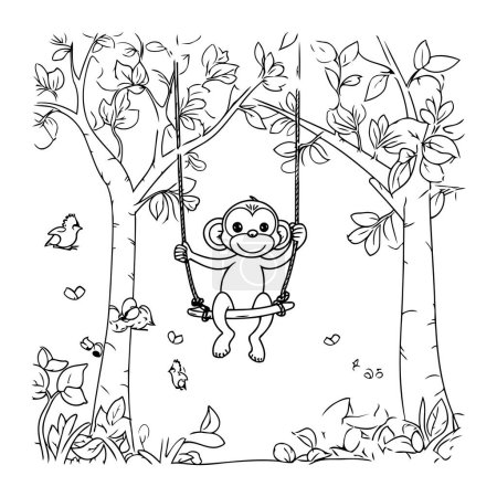 Illustration for Cute monkey on a swing in the jungle. Vector illustration. - Royalty Free Image