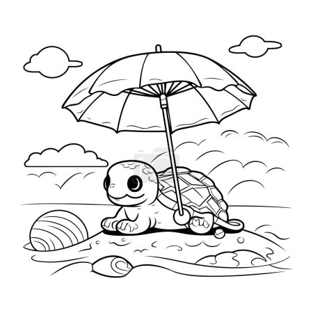 Téléchargez les illustrations : Livre à colorier pour enfants. jolie tortue assise sur le sable sous un parapluie - en licence libre de droit
