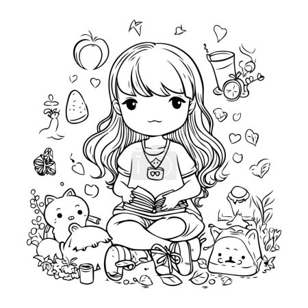 Illustration for Cute little girl reading a book. Vector illustration for coloring book. - Royalty Free Image