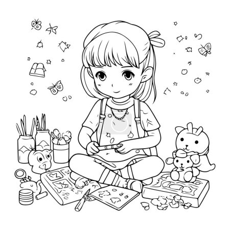 Ilustración de Página para colorear Esquema de una linda niña jugando con sus juguetes - Imagen libre de derechos