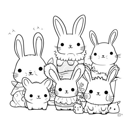 Illustration for Cute rabbits family cartoon vector illustration graphic design in black and white - Royalty Free Image
