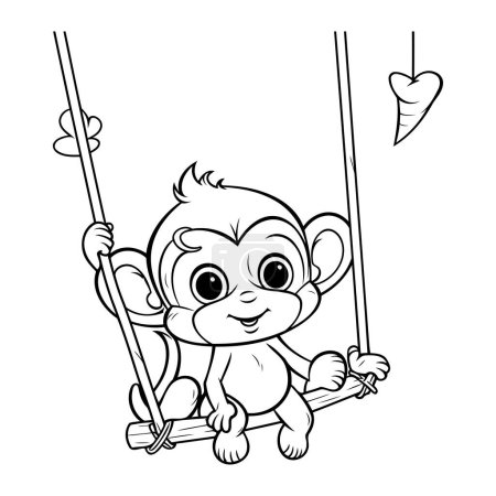 Ilustración de Lindo mono en un columpio. Libro para colorear para niños. - Imagen libre de derechos