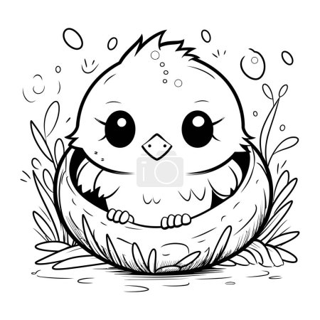 Téléchargez les illustrations : Illustration de dessin animé noir et blanc de mignon petit poulet pour livre à colorier - en licence libre de droit
