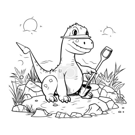 Téléchargez les illustrations : Mignon dinosaure dessin animé avec pelle. Illustration vectorielle pour livre à colorier. - en licence libre de droit