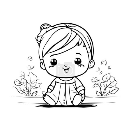 Ilustración de Linda niña con flores. Ilustración vectorial para colorear libro. - Imagen libre de derechos