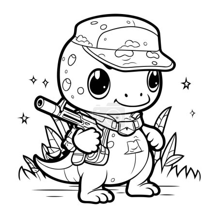 Téléchargez les illustrations : Illustration de dessin animé noir et blanc de personnage animal de l'armée de dinosaures mignon pour livre à colorier - en licence libre de droit
