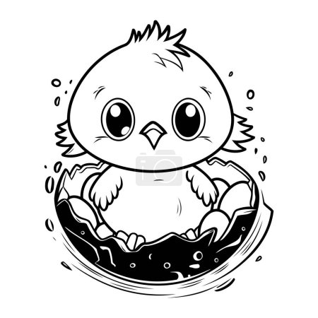 Illustration for Black and white outline of a little chick in a nest. Vector illustration. - Royalty Free Image