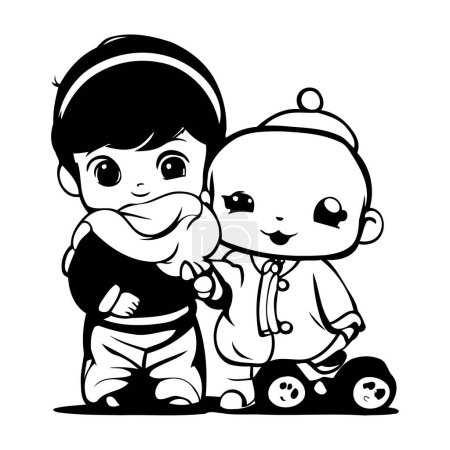 Téléchargez les illustrations : Illustration de dessins animés en noir et blanc de personnages de garçons et de filles pour livres à colorier - en licence libre de droit