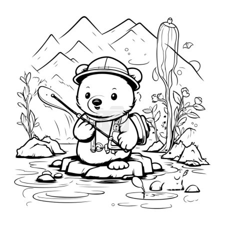 Ilustración de Ilustración en blanco y negro de un oso pescando en el río. Estilo de dibujos animados. - Imagen libre de derechos