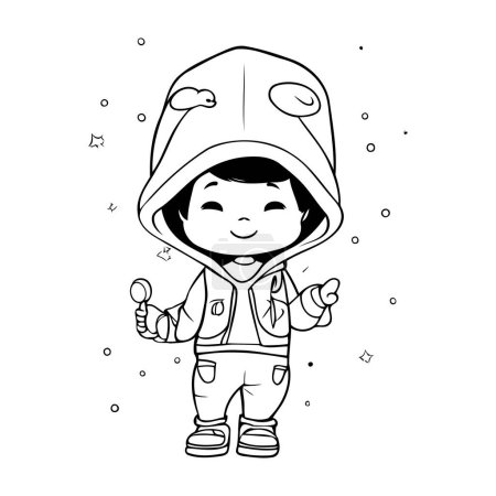Téléchargez les illustrations : Joli petit garçon en vêtements d'hiver. Illustration vectorielle pour livre à colorier. - en licence libre de droit