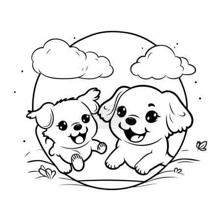 Ilustración de Ilustración de dibujos animados en blanco y negro de personajes lindos de perros y cachorros para colorear - Imagen libre de derechos