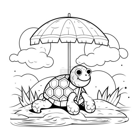 Téléchargez les illustrations : Dessin animé noir et blanc Illustration d'une tortue avec un parapluie sur la plage - en licence libre de droit