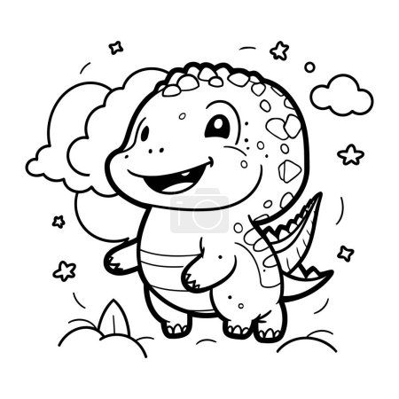Téléchargez les illustrations : Illustration de dessins animés en noir et blanc de dinosaures mignons Livre de coloriage de caractères animaux - en licence libre de droit