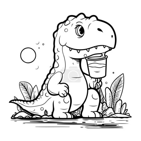 Ilustración de Dinosaurio de dibujos animados con un vaso de leche. Ilustración vectorial para colorear libro. - Imagen libre de derechos