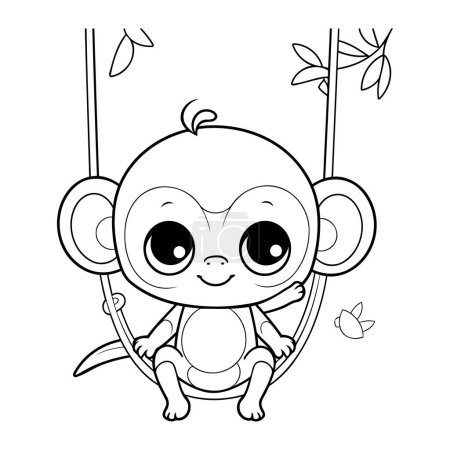 Illustration for Cute baby monkey on a swing. Coloring book for children. - Royalty Free Image