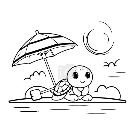 Téléchargez les illustrations : Mignon dessin animé tortue sur la plage. Illustration vectorielle pour livre à colorier. - en licence libre de droit
