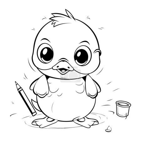 Téléchargez les illustrations : Illustration de dessin animé noir et blanc de mignon bébé poussin dessin avec crayon pour livre à colorier - en licence libre de droit