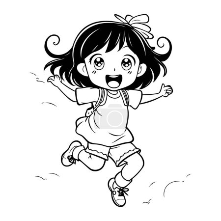Illustration for Happy little girl jumping and running. Black and white vector illustration. - Royalty Free Image