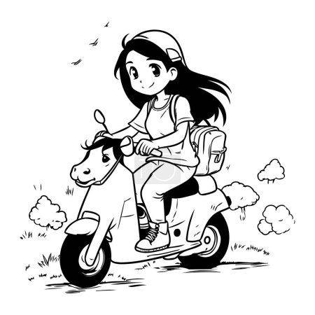 Ilustración de Linda niña montando una scooter. Dibujos animados vectoriales ilustración. - Imagen libre de derechos