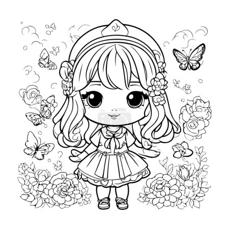 Téléchargez les illustrations : Jolie petite princesse avec des papillons et des fleurs. Illustration vectorielle pour livre à colorier. - en licence libre de droit