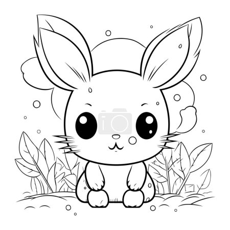 Téléchargez les illustrations : Mignon petit lapin animal dessin animé vecteur illustration graphique en noir et blanc - en licence libre de droit
