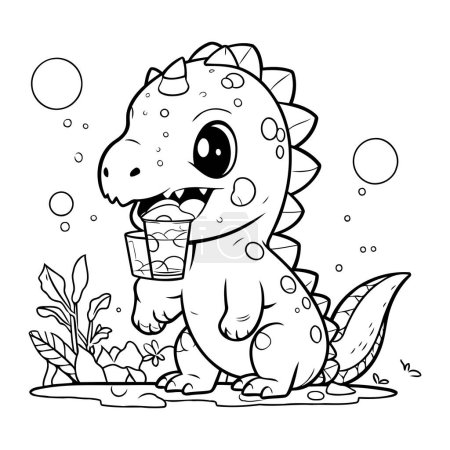 Illustration for Coloring Page Outline Of Cute Dinosaur With A Glass Of Juice - Royalty Free Image