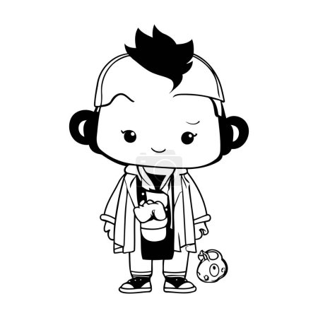 Téléchargez les illustrations : Mignon petit garçon avec visage kawaii et pomme vecteur illustration design - en licence libre de droit