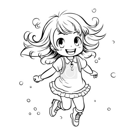 Illustration for Little girl running and jumping. Black and white vector illustration for coloring book. - Royalty Free Image