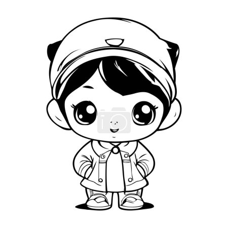 Illustration for Cute cartoon boy in a cap. Black and white vector illustration. - Royalty Free Image