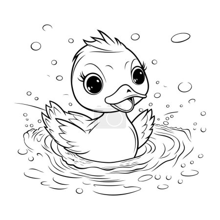 Ilustración de Lindo patito nadando en el agua. Ilustración vectorial en blanco y negro. - Imagen libre de derechos