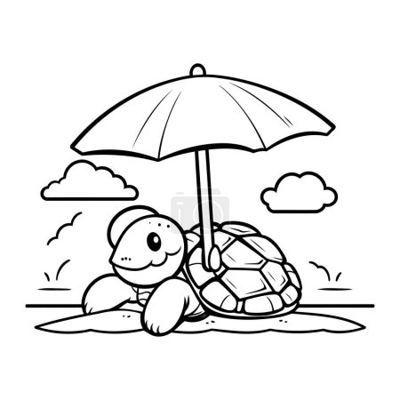 Illustration for Black And White Cartoon Illustration of Turtle Animal Character with Umbrella - Royalty Free Image