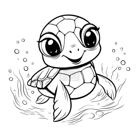 Téléchargez les illustrations : Mignon dessin animé tortue nager dans la mer. Illustration vectorielle pour livre à colorier. - en licence libre de droit