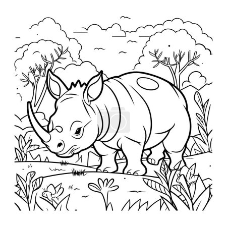 Ilustración de Rinoceronte en la selva. Libro para colorear para niños. Ilustración vectorial - Imagen libre de derechos
