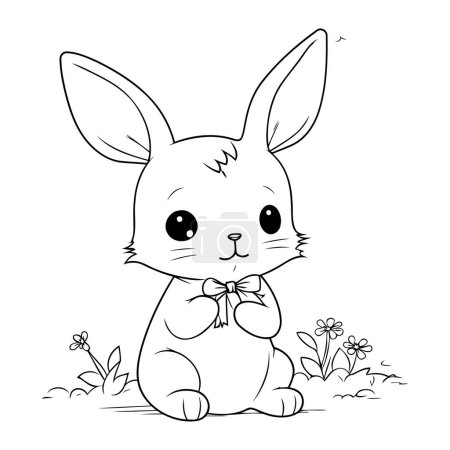 Téléchargez les illustrations : Mignon lapin dessin animé assis sur l'herbe. Illustration vectorielle pour livre à colorier. - en licence libre de droit