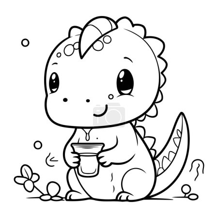 Photo for Black and White Cartoon Illustration of Cute Dinosaur Drinking Coffee Coloring Book - Royalty Free Image
