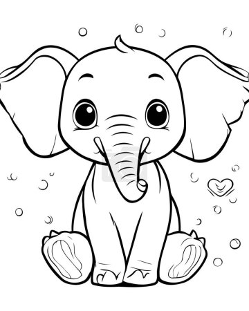 Téléchargez les illustrations : Illustration de dessin animé noir et blanc de personnage animal éléphant mignon pour livre à colorier - en licence libre de droit