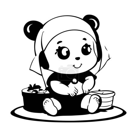 Téléchargez les illustrations : Illustration en noir et blanc d'un mignon petit panda mangeant un gâteau. - en licence libre de droit