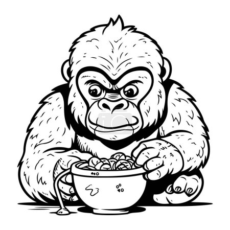 Illustration for Gorilla Eating Cereals   Black and White Cartoon Illustration. Vector - Royalty Free Image