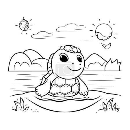 Téléchargez les illustrations : Coloriage contour de tortue de dessin animé avec balle. Illustration vectorielle. - en licence libre de droit