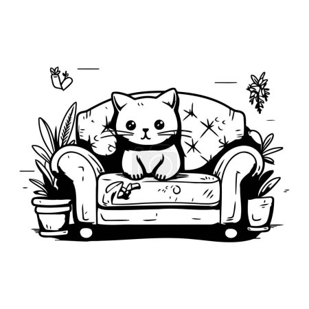 Illustration for Vector hand drawn illustration of a cat sitting on a sofa. Doodle style. - Royalty Free Image