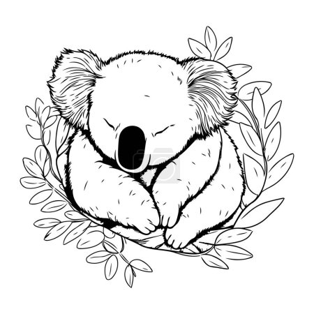 Téléchargez les illustrations : Mignon koala dans une couronne de feuilles. Illustration vectorielle. - en licence libre de droit